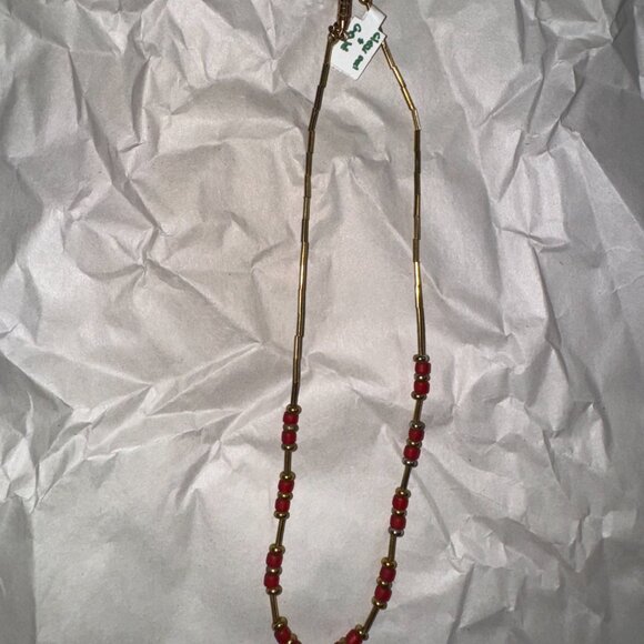 15" Matte Orange Red and Gold Beaded Necklace - Picture 4 of 13